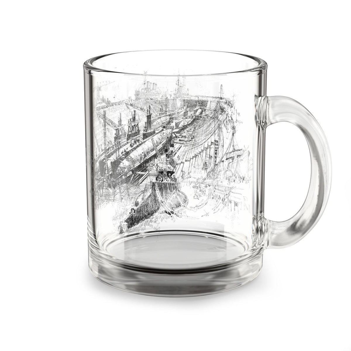 Dry Dock Days — Vintage Shipyard Sketch 10oz Glass Coffee Mug
