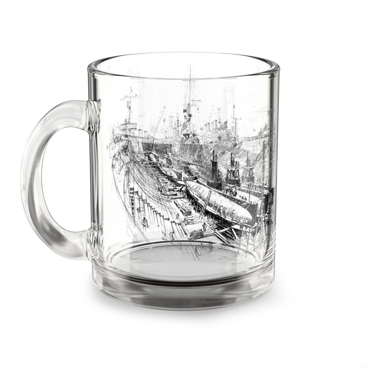 Dry Dock Days — Vintage Shipyard Sketch 10oz Glass Coffee Mug